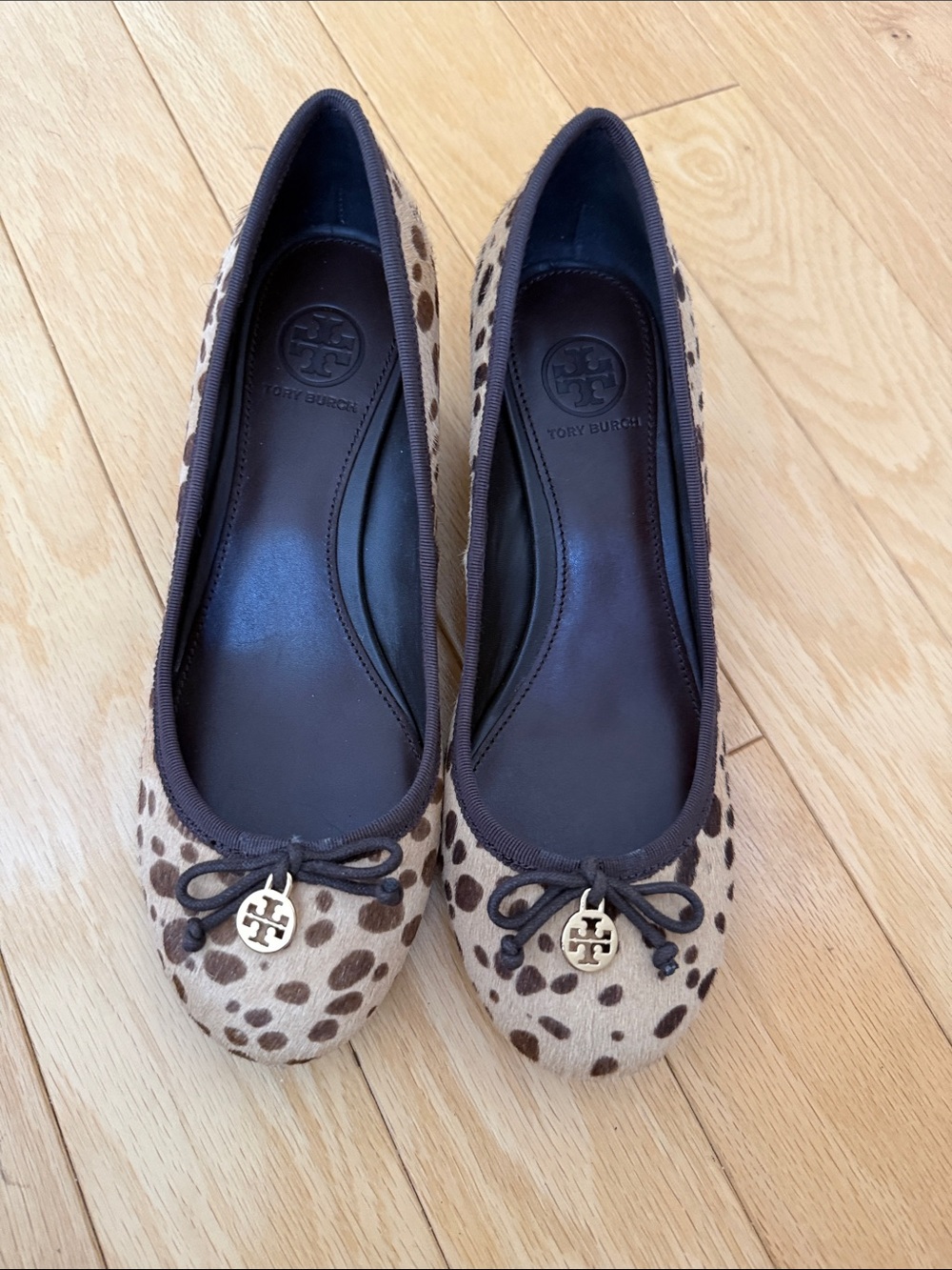 Tory Burch Leopard Calf Hair Ballet Flats with Gold Logo